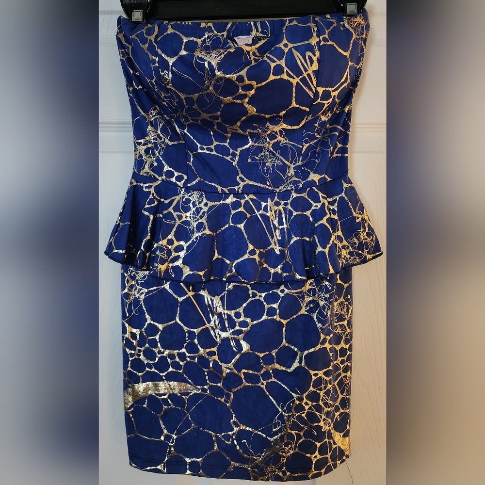 NWOT Eien Blue Gold Foil Sweetheart Sleeveless Peplum Dress Size Small